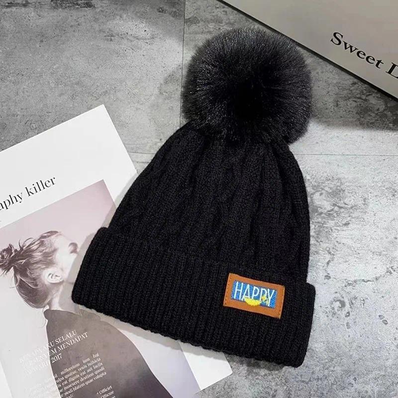 3pcs Autumn and Winter Women's Pompom Knitted Hat Women Solid Color Thicken Plush Beanie Cap Female Autumn Warm Crochet Hats