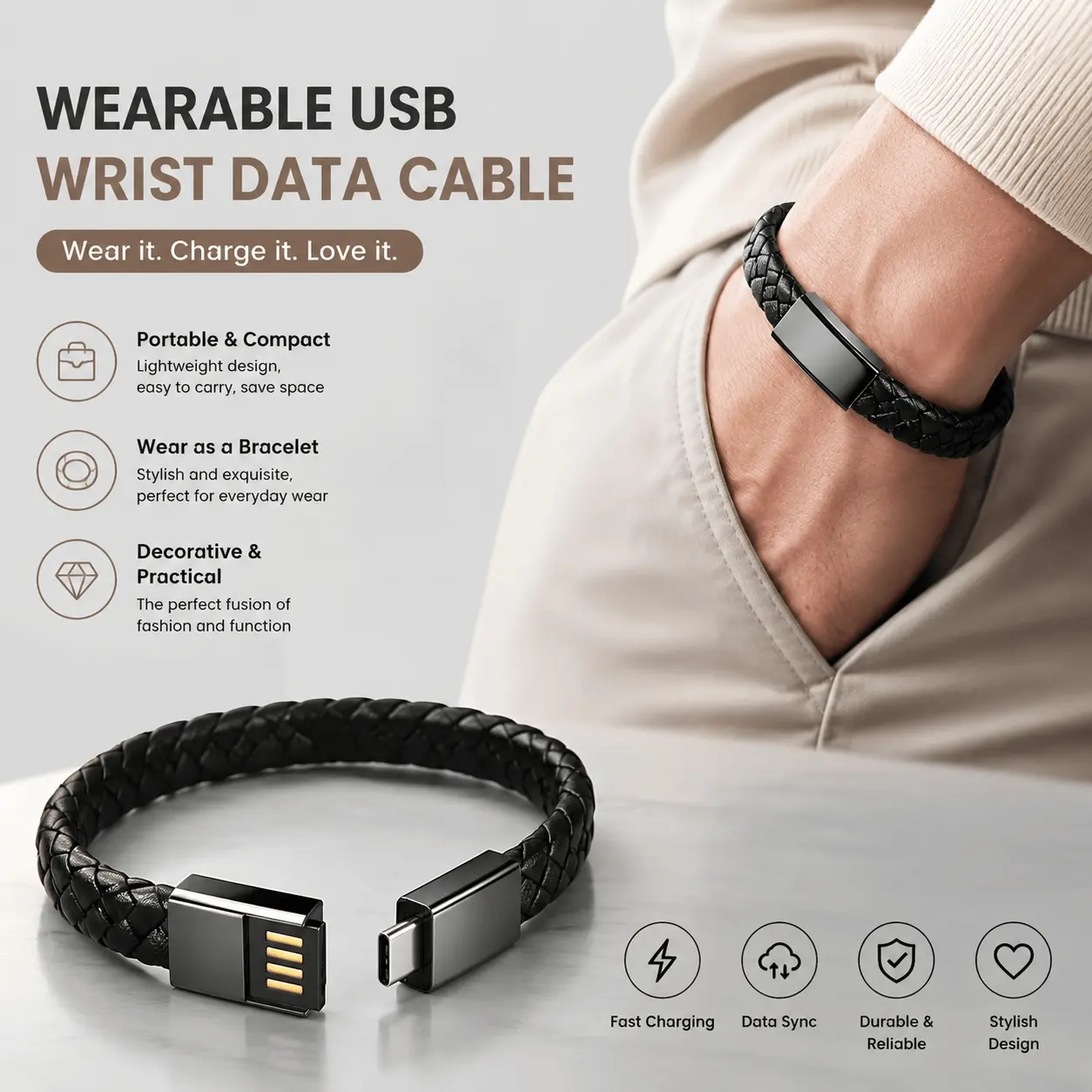 Type-C Fast Charging Wristband Cable, Durable Leather Strap Portable Compact Charger for On-the-Go, Braided USB-C Wrist Wearable Charging Accessory