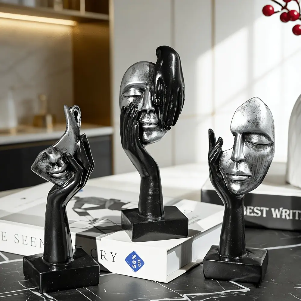 Modern Abstract Face Sculpture, Thinker Ornament, Silver Resin Art Decor, Home Living Room, Bedroom, Office, Bookshelf Decoration