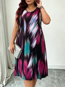 Women's Plus Size Vibrant Abstract Print Sleeveless Dress, Loose Lightweight Round Neck Midi Dress, Casual Daily Wear
