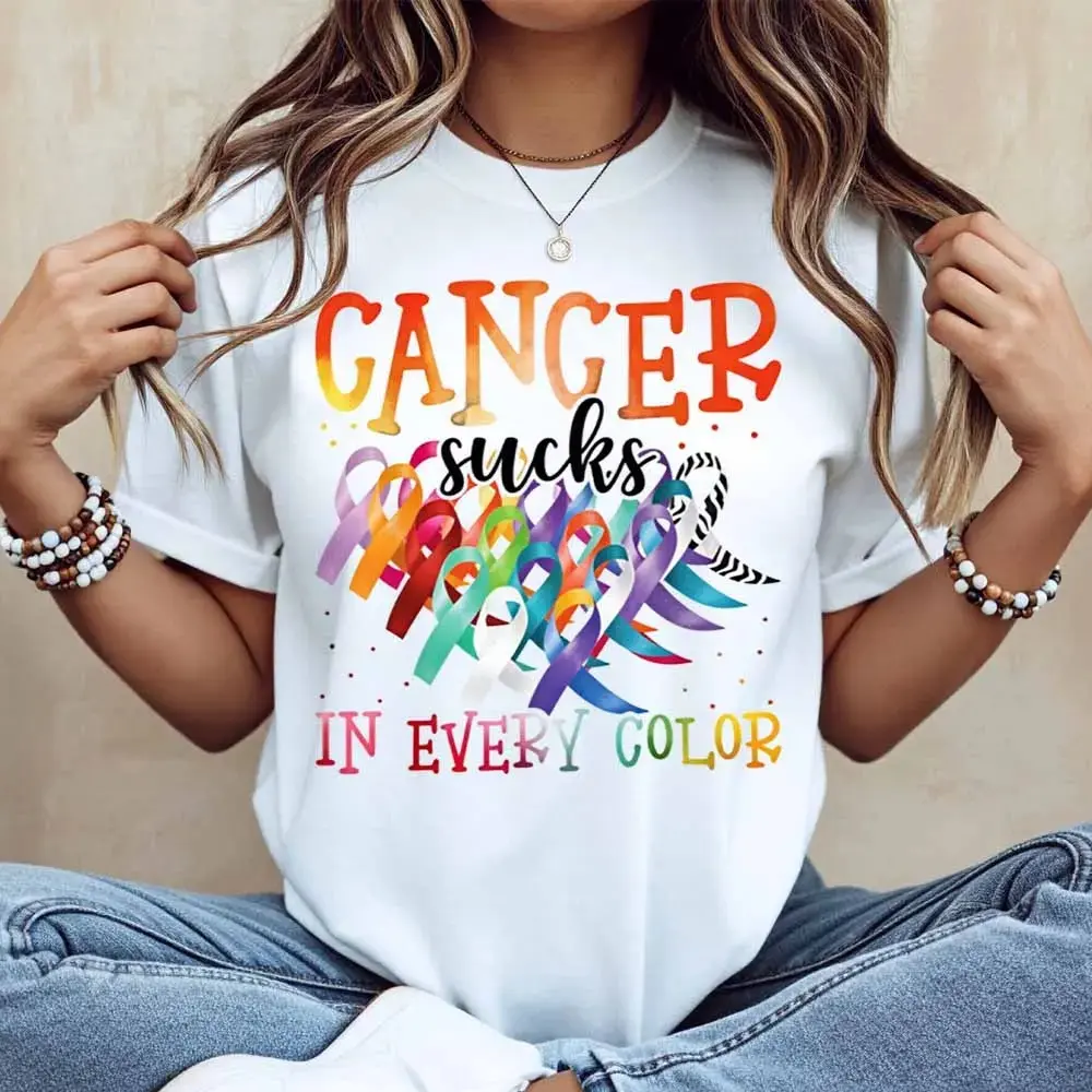 Cancer Sucks In Every Color Ribbon Awareness Print T Shirt Women Casual Short Sleeve Top