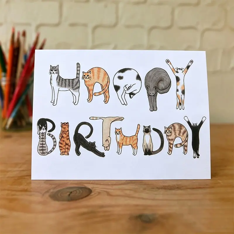 1pc Funny Cat Alphabet Birthday Card with Envelope, Cats Shaped Letters Happy Birthday Greeting Card, Blank Inside for Cat Lovers