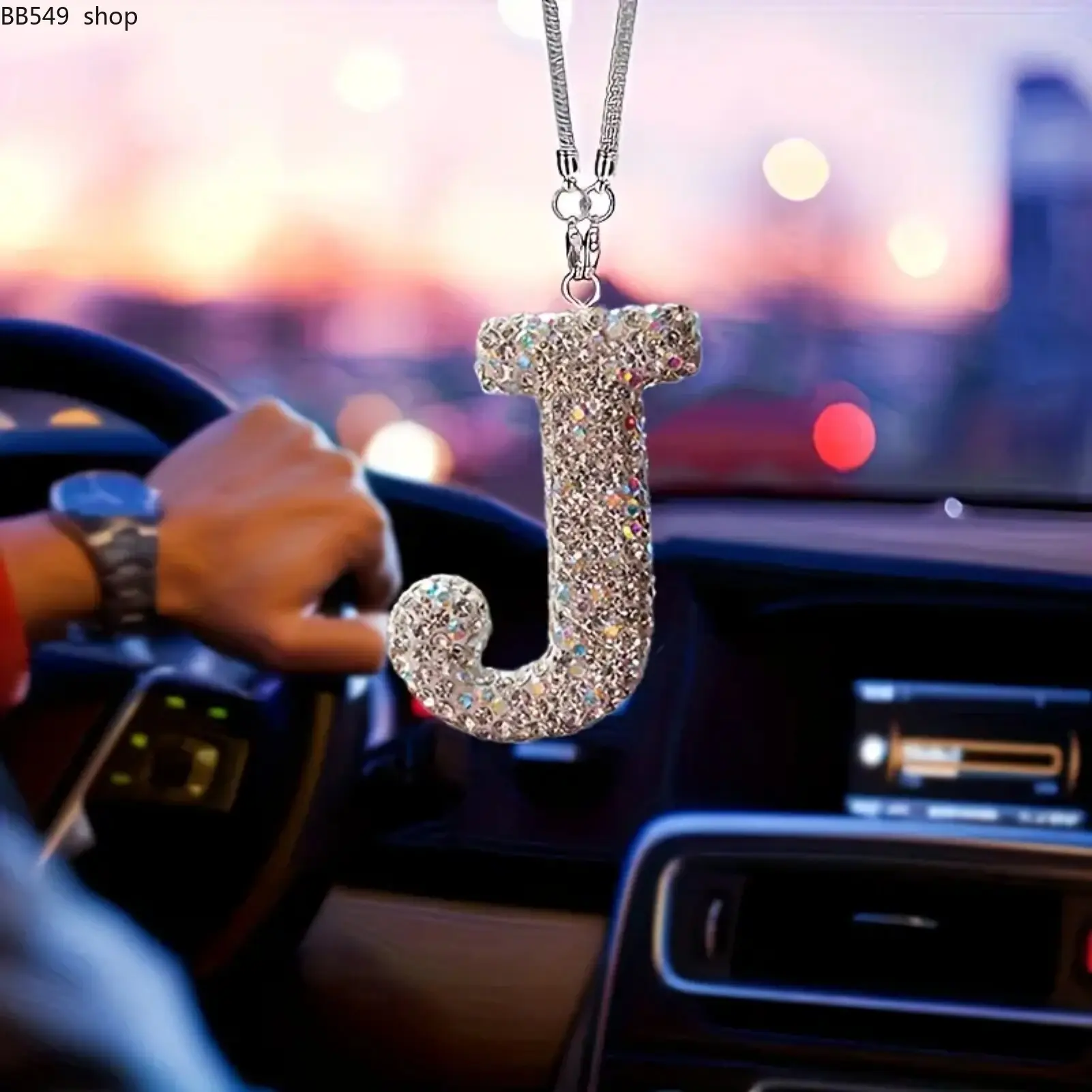 Rhinestone Letter Design Car Pendant, Sparkling Rhinestone Hanging Charm, Lucky Reflective Ornament, Durable Car Interior Accessories, Car Accessory, Bling Car Accessories, Car Trinkets, Car Interior Decor, Car Interior Decoration, Car Decorations