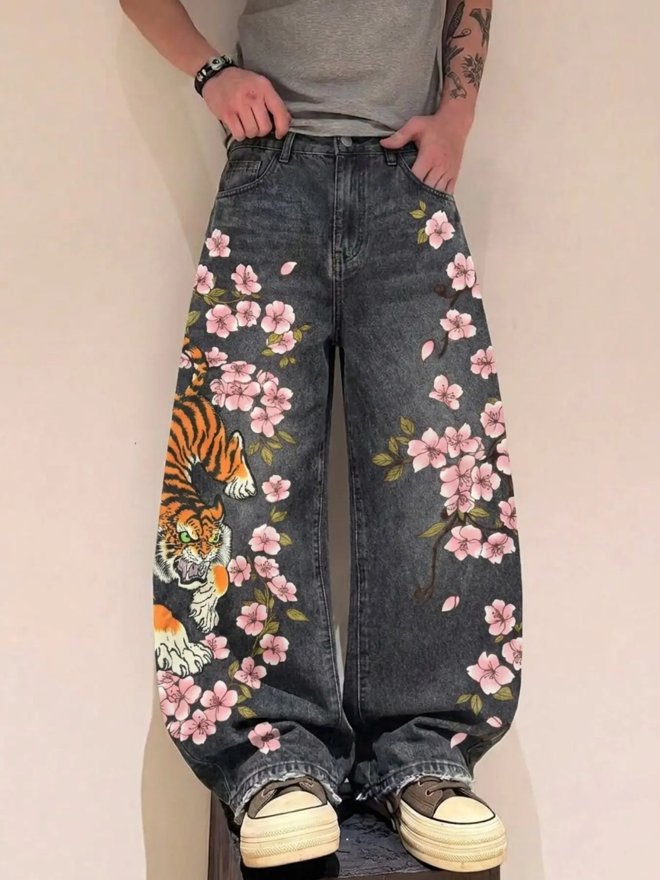 Vintage Tiger Cherry Blossom Jeans, Loose-Fit Straight Leg Pants, Unisex Casual Style, All-Season Wear, Unique Brand Design