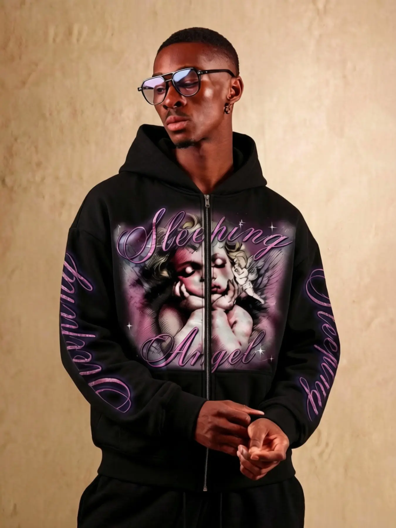 Men's Y2K Gothic Angel Pattern Zipper Hoodie, Long Sleeve Streetwear Jacket, Retro Aesthetic Sweatshirt, Casual Graphic Streetwear, Fashion Hip Hop Fall Set