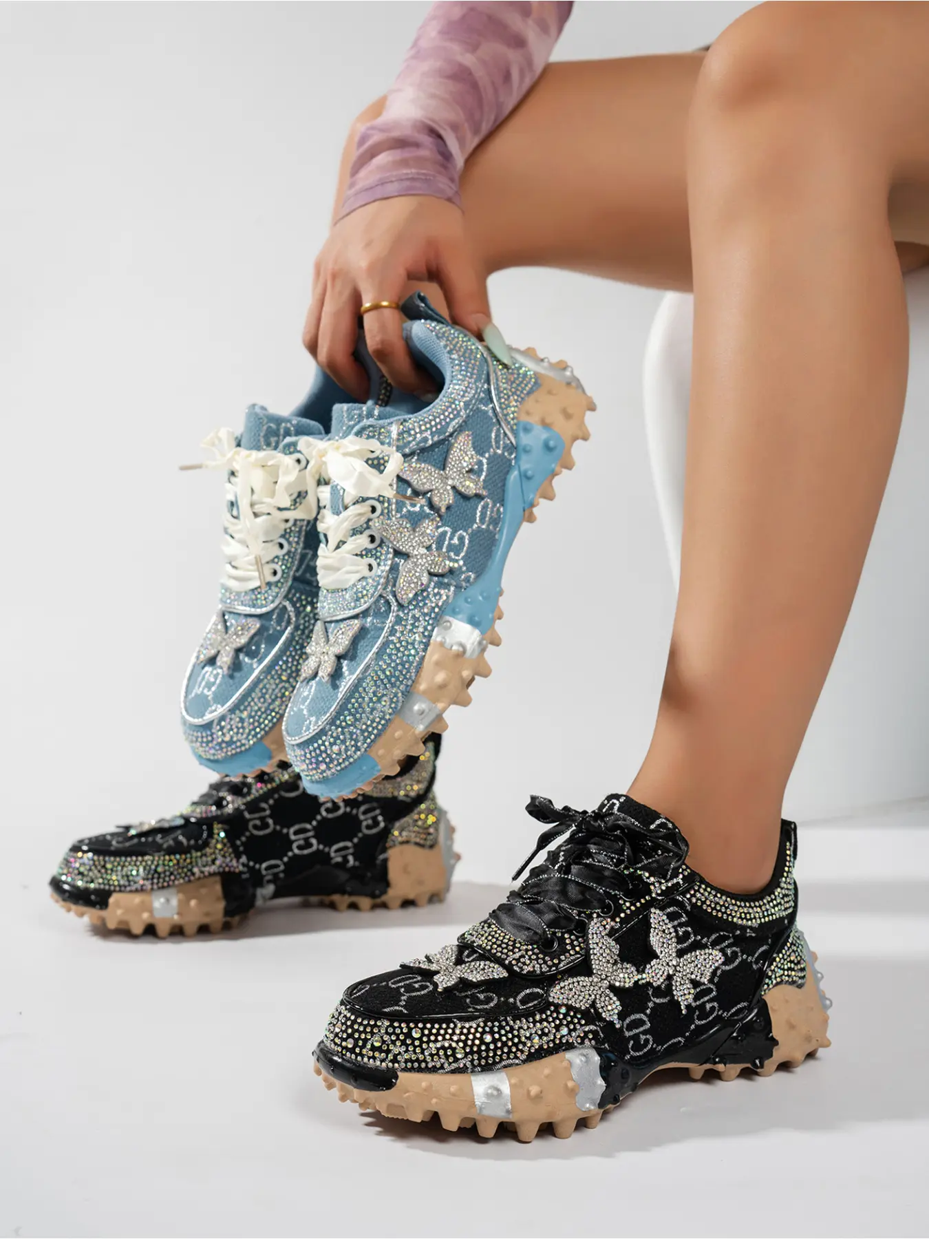 Ladies Light Denim Blue Rhinestone Butterfly Chunky Dad Sneakers 3.5cm Spiked Lug Sole White Ribbon Lace Up Y2K Summer Street Glitter Casual Shoes