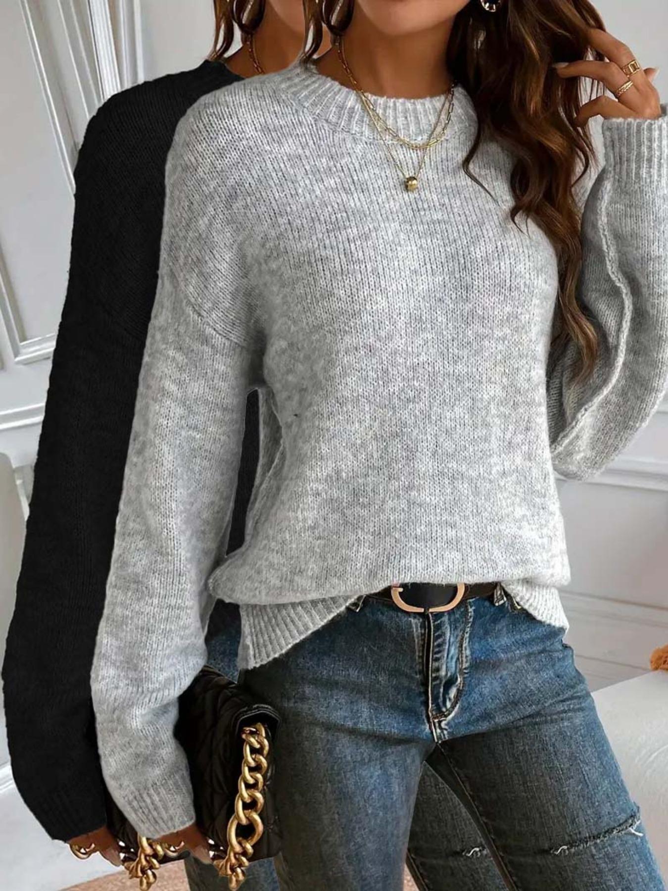 Women's Plain Drop Shoulder Knitted Sweater Pullover, Casual Chic Fitted Long Sleeve Round Neck Jumper for Daily Outdoor Wear, Ladies Knitwear for All Seasons,Gifts For Women