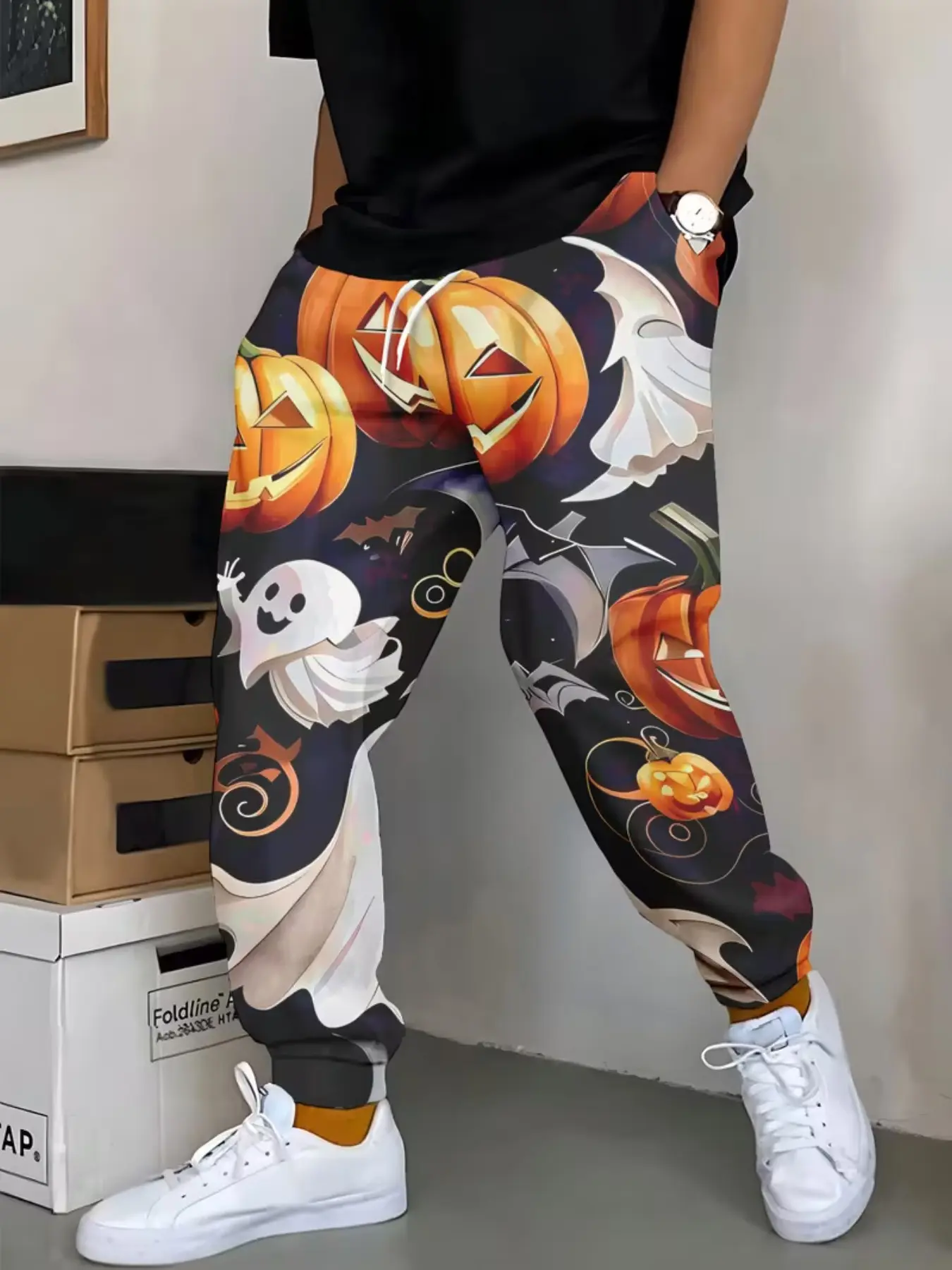 Men's Casual Long Pants with Halloween Pumpkin Ghost Bat Design, Street Style Geometric Print, Mid Waist Drawstring Sweatpants