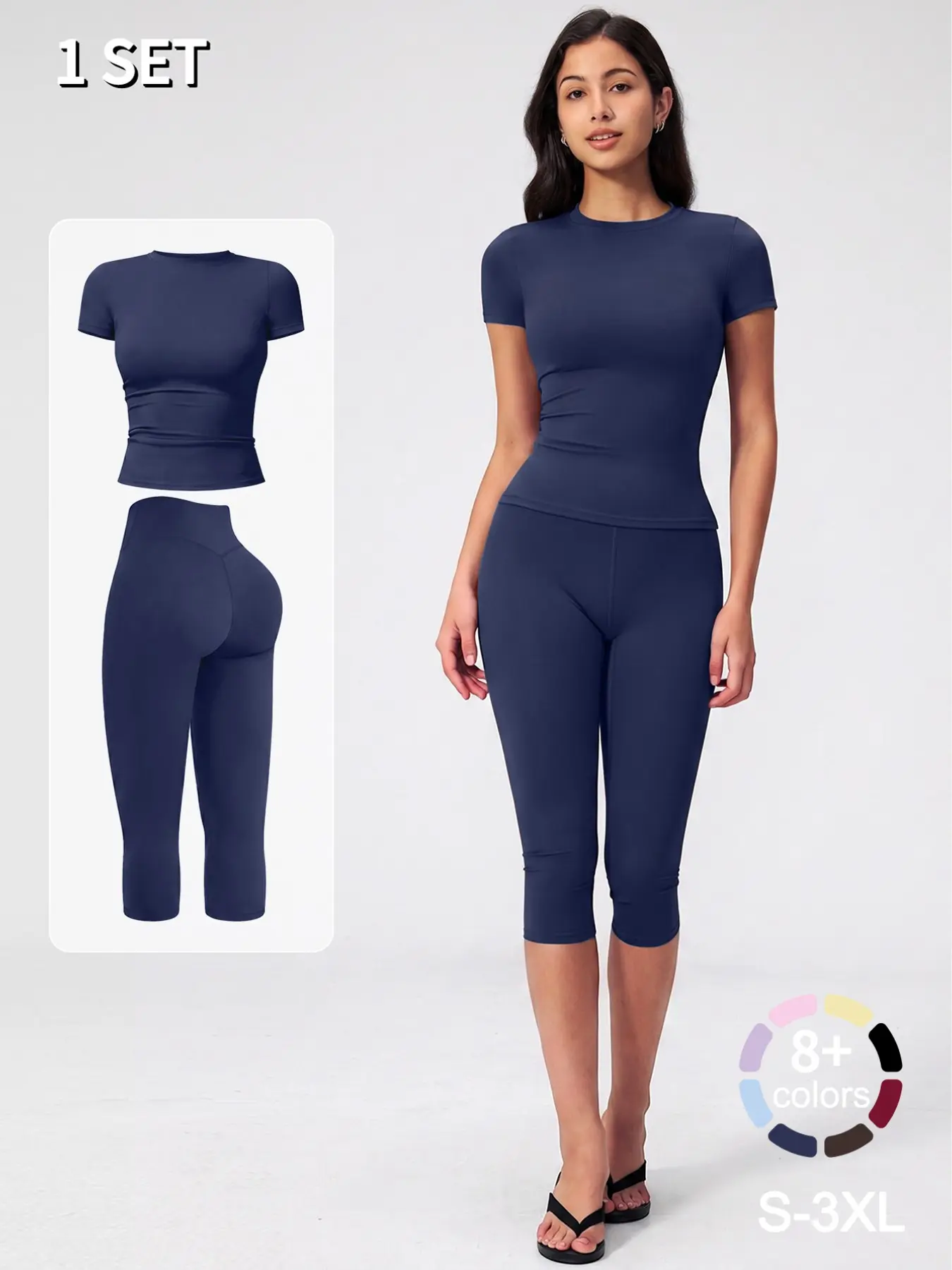 1/2/3Sets Women's Workout T-shirt Capri Leggings Capris Yoga Pants High Waist Short Sleeve T-shirts Slim Fitness Yoga Suit for Gym Sports Daily wear All Seasons