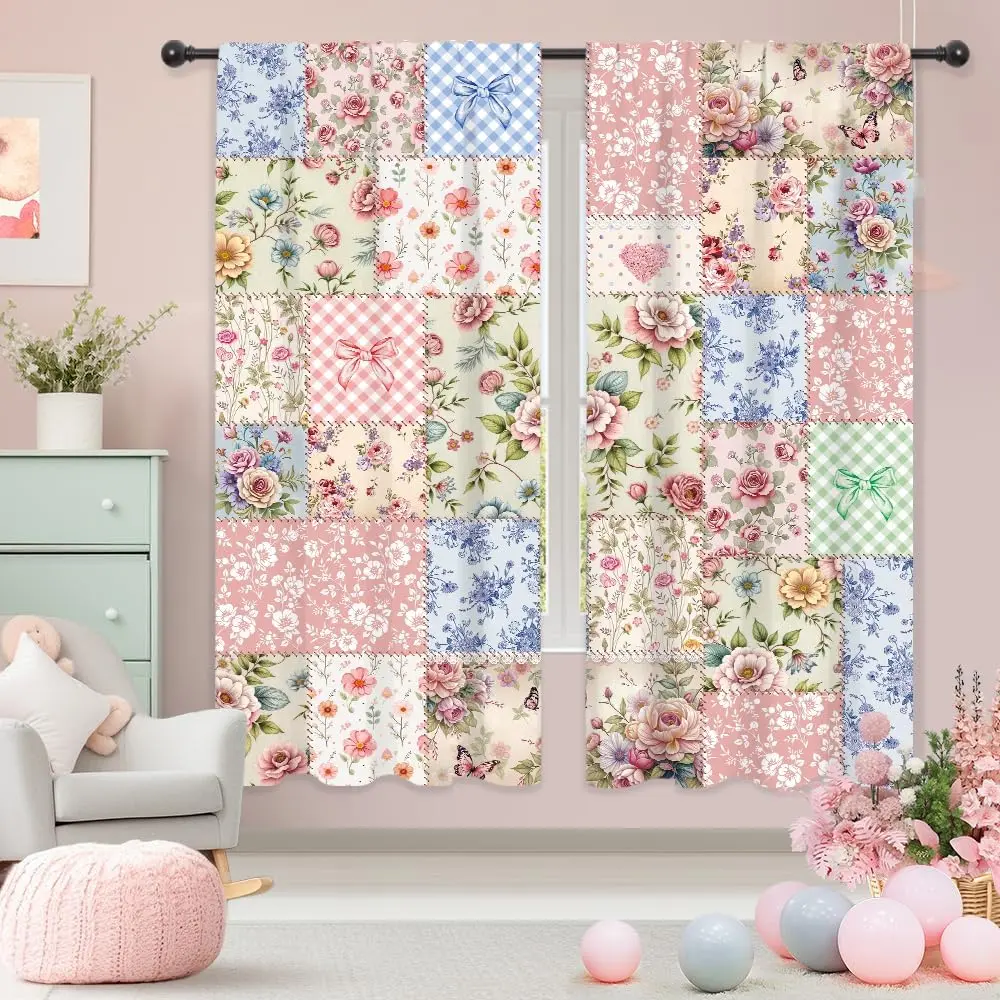 Boho Pink Floral Patchwork Living Room Bedroom Window Curtains| 42"W x 63"L Vintage Cute; colorfast print, 2 panels, rod, easy to install,easy-care and washable.