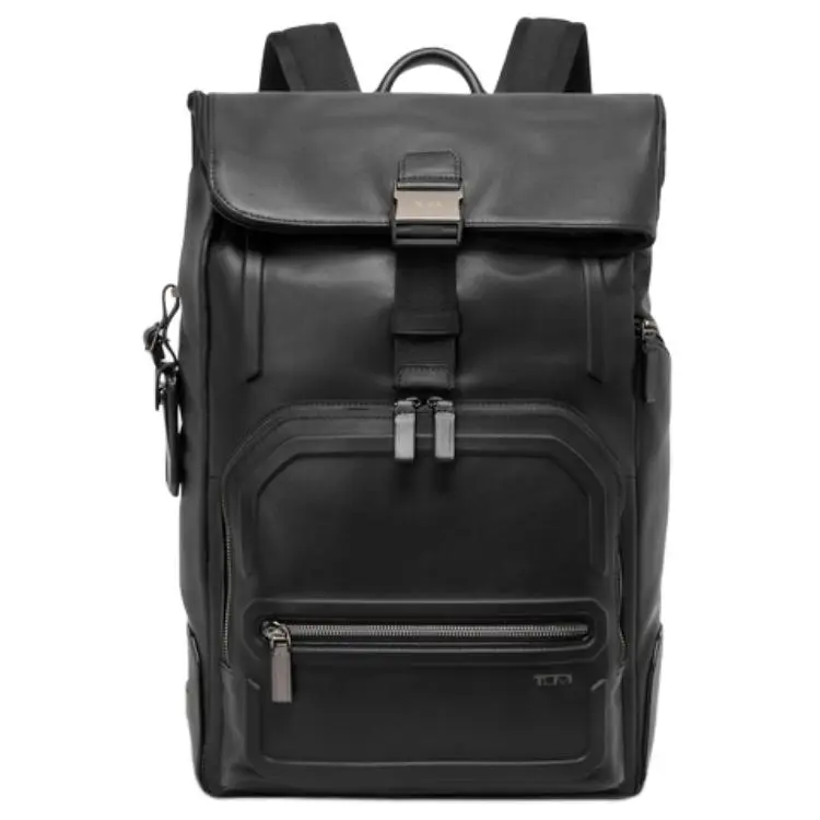 TUMI Harrison Embossed Leather Backpack for Men and Women, Roll-Top Design, Black