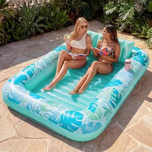 XL Cyan White Inflatable Sun Tanning Pool Lounger by , 85 x 57 Inch 4 In 1 Blow Up Float Bed With Comfort Pillow, Versatile Adult Pool Floatie, Ball Pit & Pool Party Accessory Gift