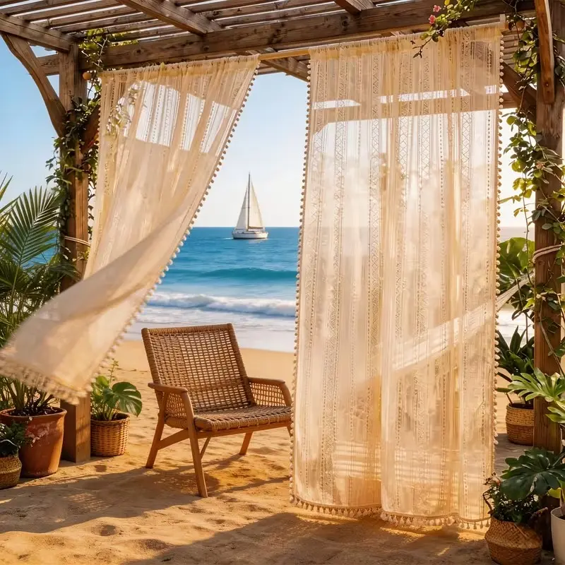 Boho Style Outdoor Curtain Set, Lightweight Breathable Sunscreen Drapes, Perfect for Patio, Balcony, Wedding Decor, Spring & Summer