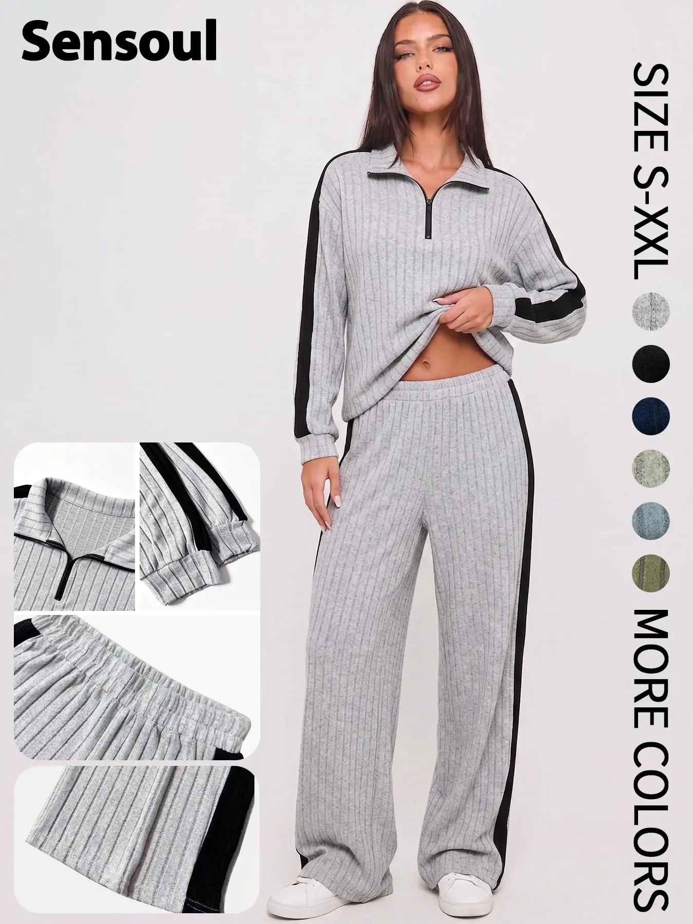 European and American Fashion Casual Lazy Style Knitted Striped Patchwork Contrast Design Zipper Sweatshirt and Wide Leg Pants Set