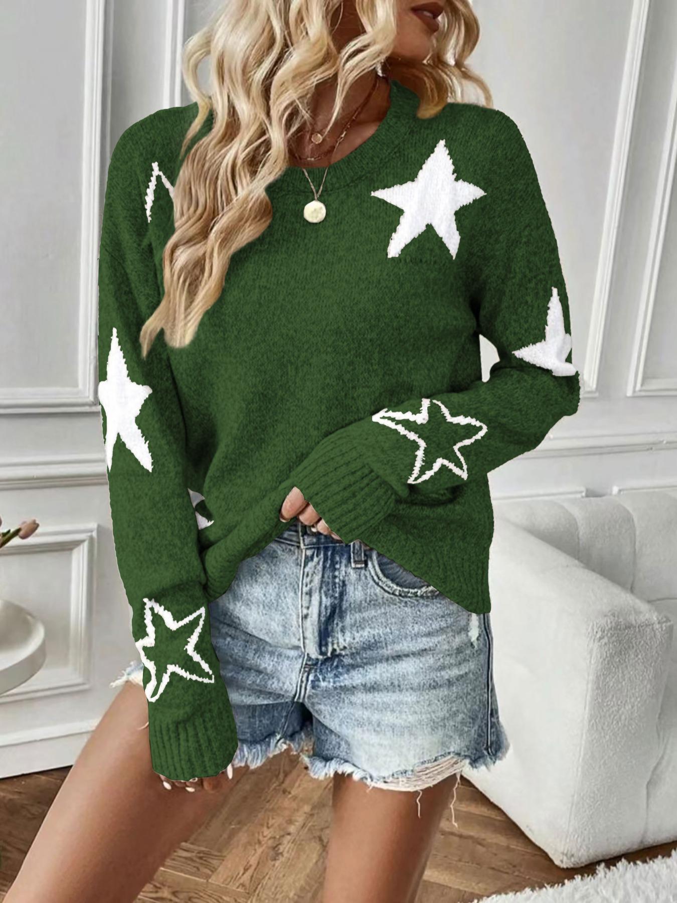 Women's Star Print Drop Shoulder Sweater, Casual Long Sleeve Round Neck Jumper for Fall & Winter, Fashion Ladies' Knitwear for Daily Wear, Tops