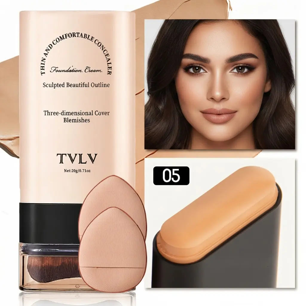 3-piece cosmetic makeup set 2-in-1 contour and foundation stick + 2 powder puffs, concealer to cover dark circles, matte finish, buildable for a soft-focus flawless look, suitable for all skin types, perfect as a Valentine's Day or Mother's Day gift, Balm