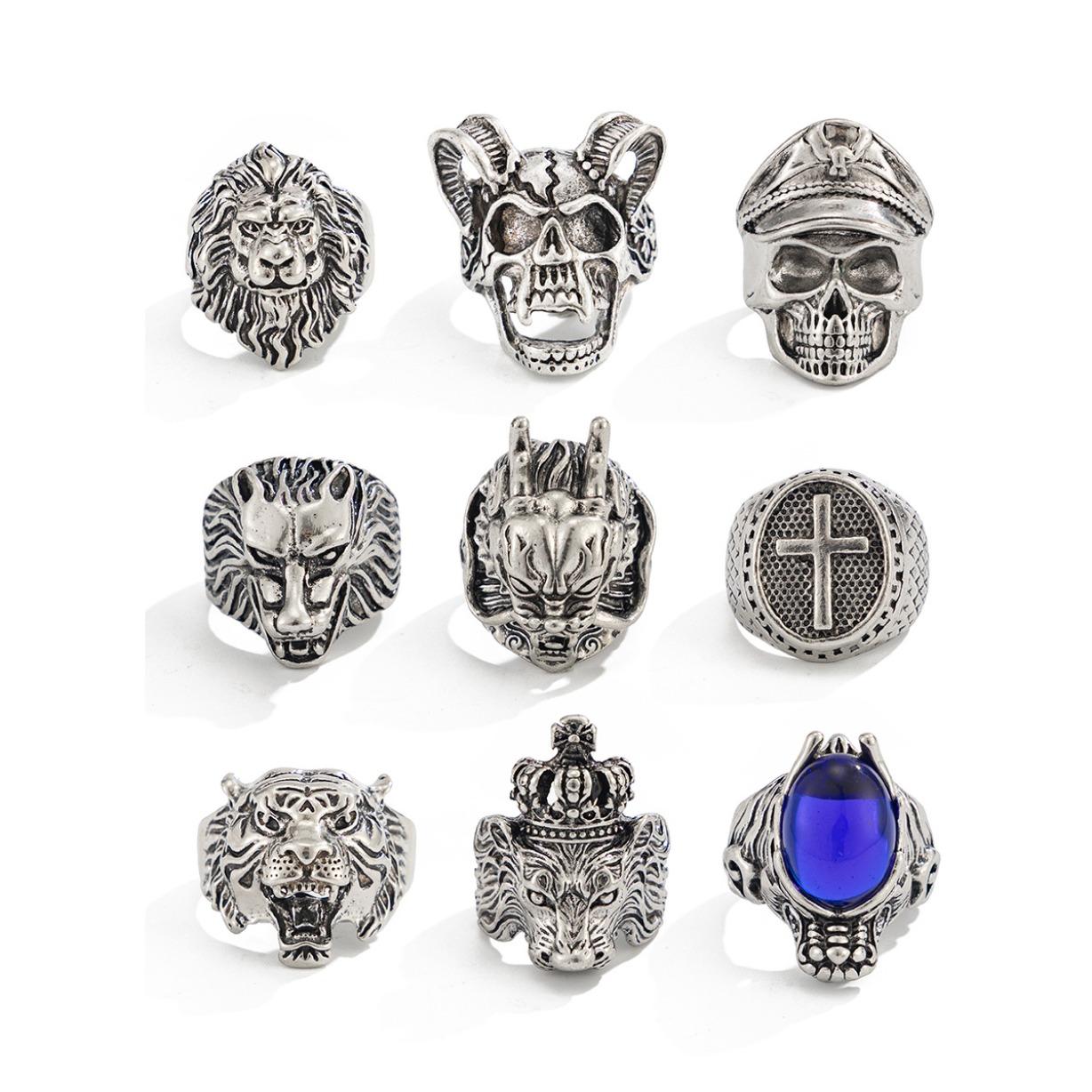 Multi Piece Ring Set Retro Gothic Silver Rings Adjustable Chunky Hollow Open Finger Rings Unisex Vintage Jewelry Set Gift for Women Men