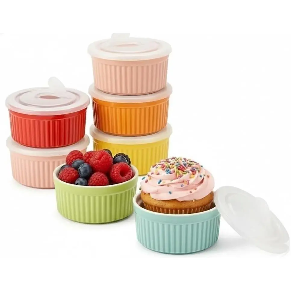 Ceramic Ramekins 8 Oz with Lids Set of 6, Oven, Microwave & Dishwasher Safe Souffle and Creme Brulee Baking Dishes for Custard, Pudding & Individual Desserts, Durable Heat Resistant Design – Multicolor