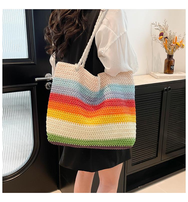 2026 New Women Fashion Shoulder Bag Rainbow Striped Color Block Straw Bag Large Capacity Beach Bag for Vacation