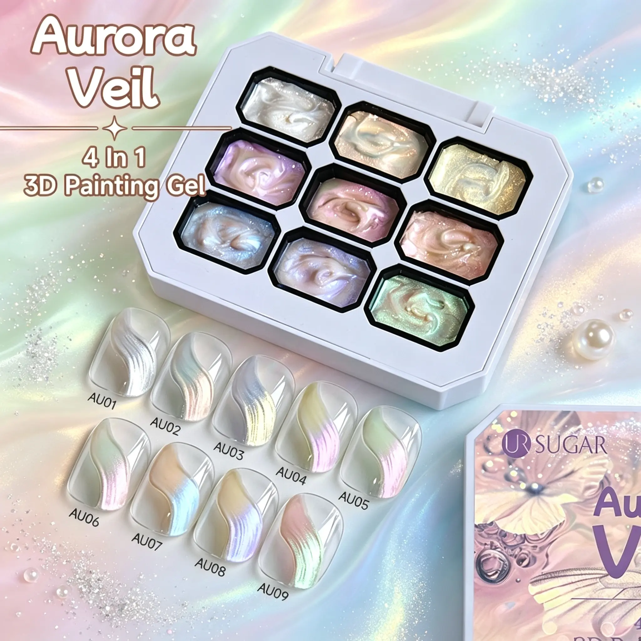 9 Colors Aurora Veil 3D Painting Gel, Pearl Shell Aurora Sculpture Gel, Flowing Pull Line Nail Art Drawing Gel Set