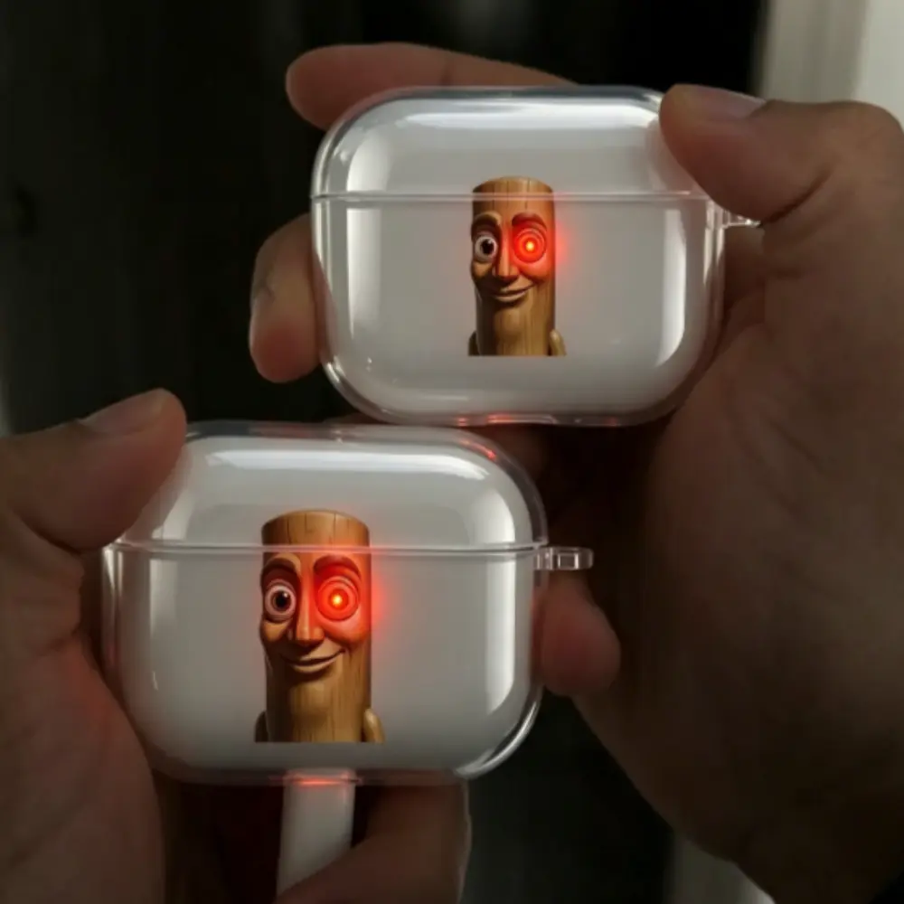 Tung Tung Tung Suhur AirPods Case - Funny Led Indicator Light Wooden Man Clear TPU Shockproof Cover - for Daily Travel, Gym Workout & Wireless Charging - Quirky Meme Gift for Teenagers, Men & Women