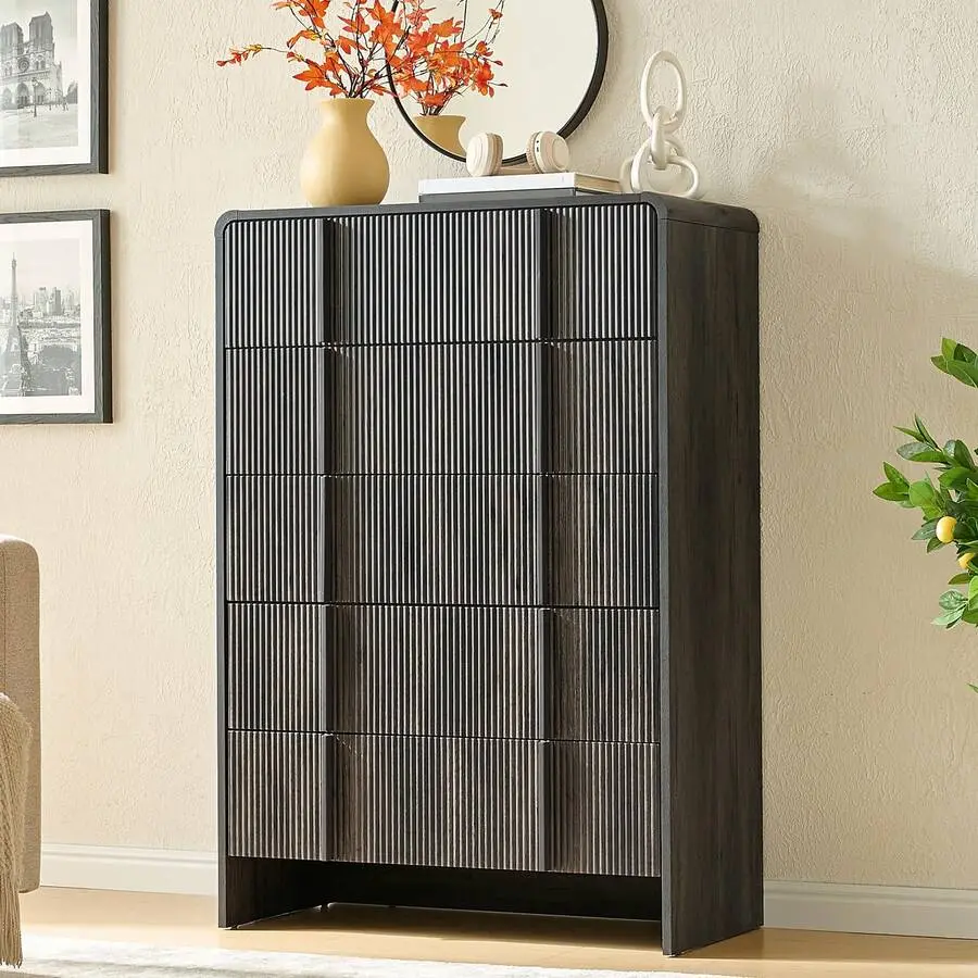Fluted Wooden Storage Chest For Living Room Or Hallway, 48 Inch Tall 5 Drawer Cabinet With Modern Design And Large Capacity,chabuildreark,farmhouse,coffee bar cabinet,lockable,,dresser,,unit,,jewelry,armoire,,tower,,cabinets,bathroom,mirror,organizer
