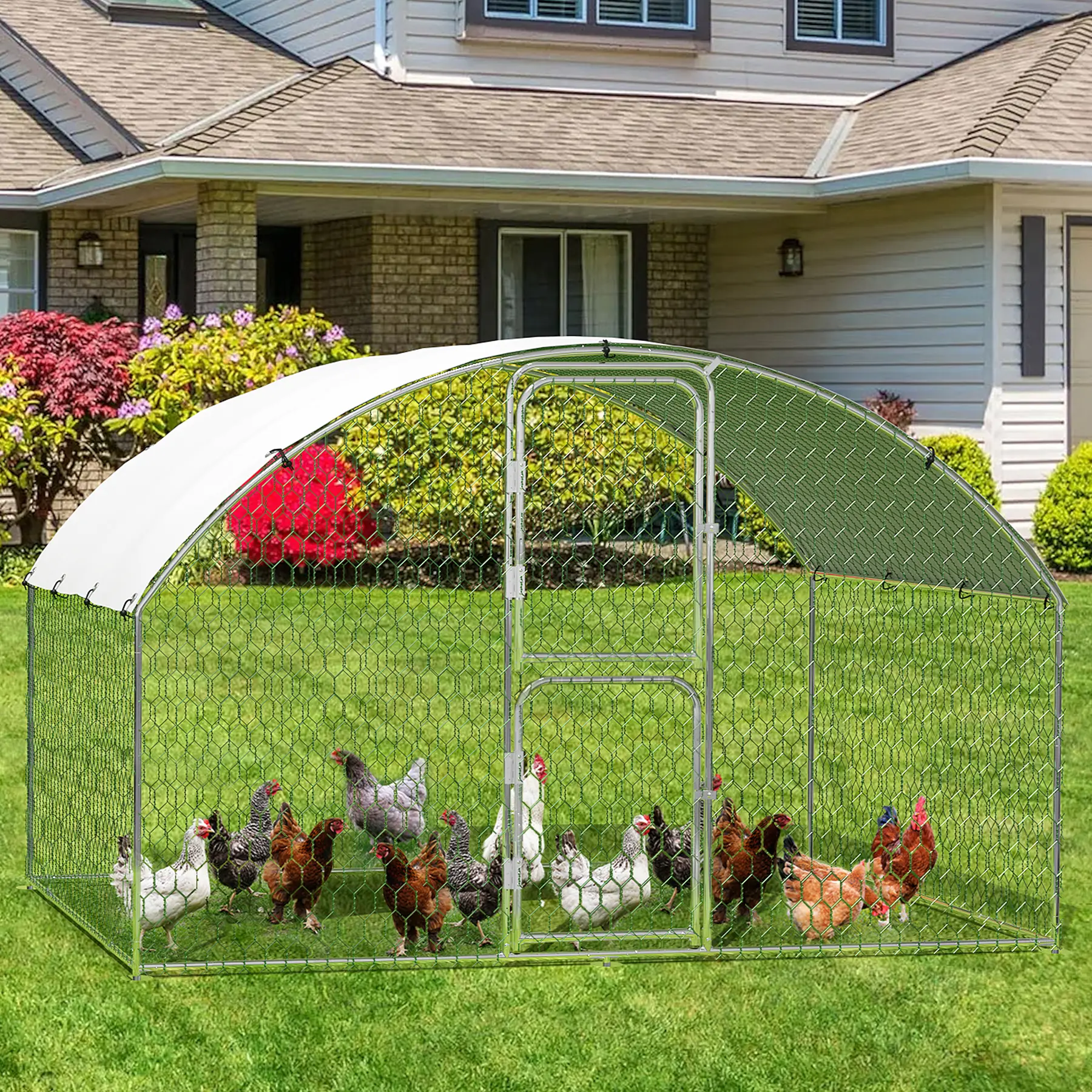 Large Metal Chicken Coop, Walk-In Poultry Cage, Chicken Run Pen House With Reinforcement & Waterproof & Anti-Ultraviolet Cover Chicken Coop Run With Double Lockable Doors for Outdoor 9.8 x 6.5X 6.6ft