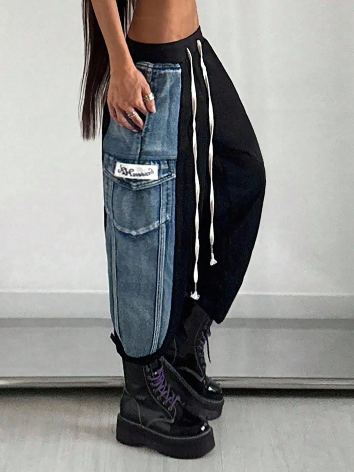 Women's Plus Size Loose Wide Leg Jeans, Tie Waist Patchwork Design, Pocket Detail, Comfortable Summer Casual Wear, Fashionable Daily