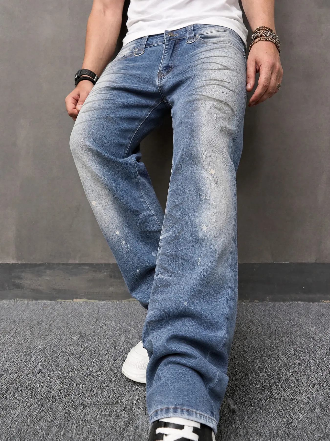 American Gradient Washed Microflare Jeans, Handmade Cat Hair Splatter Print, Elastic Blue Denim Jeans, Fashionable and Comfort