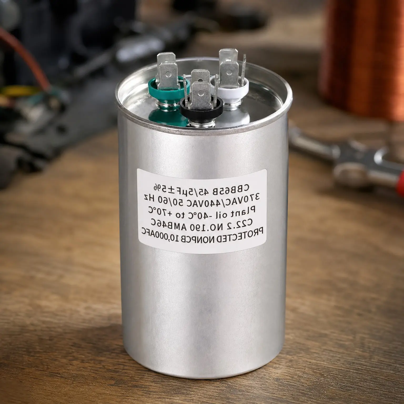 45/5 uF ±5% MFD 370/440 VAC CBB65B Dual Run Round Air Conditioner Capacitor for AC Unit Fan Motor Start, Heat Pump or Condenser Straight Cool