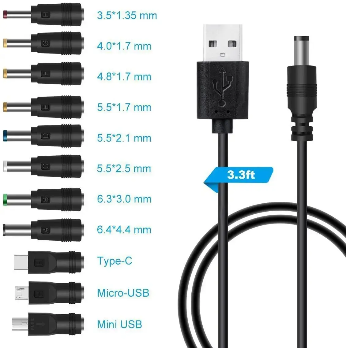 5V Universal DC Power Cable, USB to DC Charging Cord with 11pcs Adapter Plugs for Webcam Router, Recorder, Bluetooth Speaker, Scanner, DVR, Hard Disk Box, USB-HUB etc.