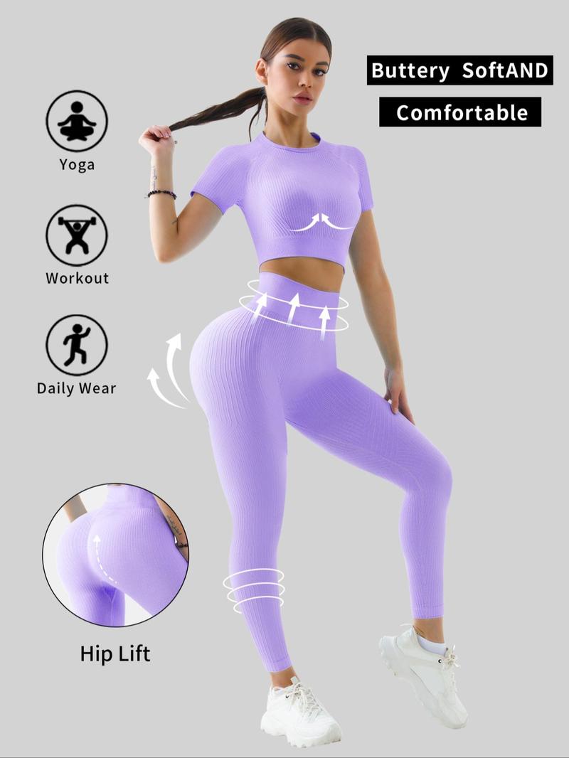 Women's Solid Tracksuit Set, Stretchable Activewear, Sport Raglan Sleeve Crop Top & High Waist Leggings, Summer Clothes Women, Women Tracksuits for Summer