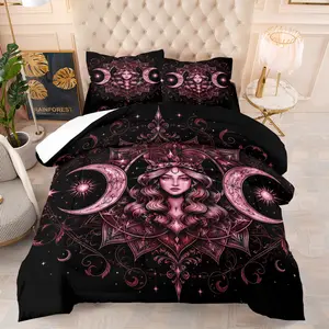 All Size Gothic Violet Moon Lady Quilted Comforter Set, 1 Comforter + 1/2 Pillowcases, Symmetrical Crescent Sun Floral Swirl Print Pink Lunar Bed Set, Wrinkle Resistant All Season Fabric, Witchy Teen Girl Room Bedding