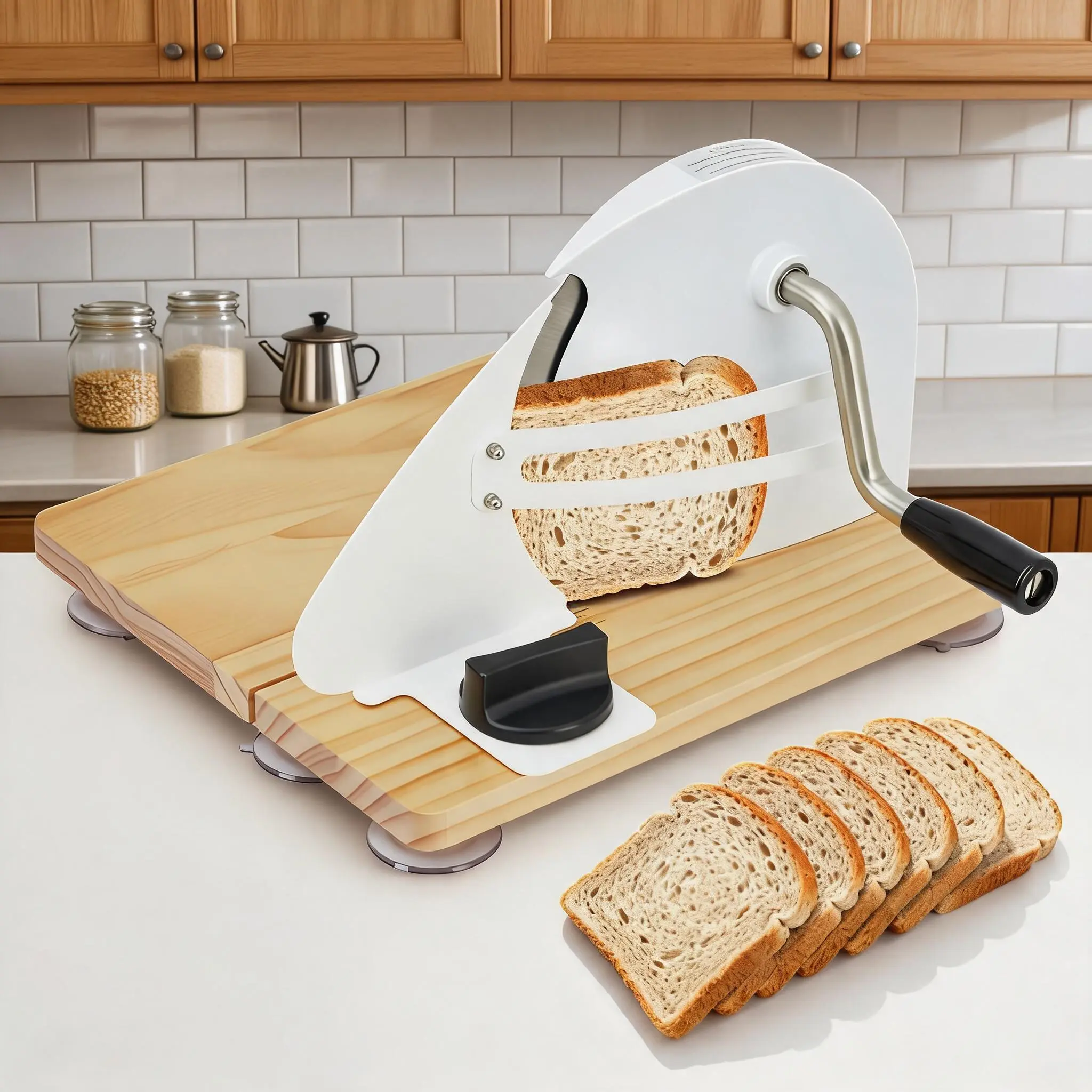 6.7 Inch Collapsible Manual Bread Slicer with Hand Crank Adjustable 0.1-1.5 Inch Thickness Wooden Board Steel Guide White for Home Kitchen