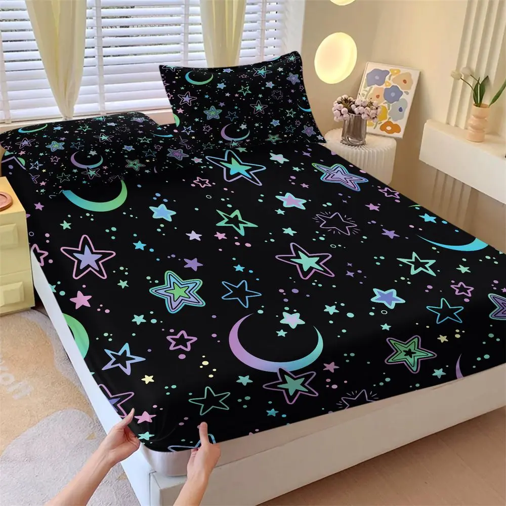 3Pcs Neon Galaxy Fitted Sheet Set, Glow in The Dark Celestial Star and Moon Print Cute Sheets Bed Sheets Set, Soft Microfiber Bedding Set for Kids Teens Bedroom Decor No Fillers