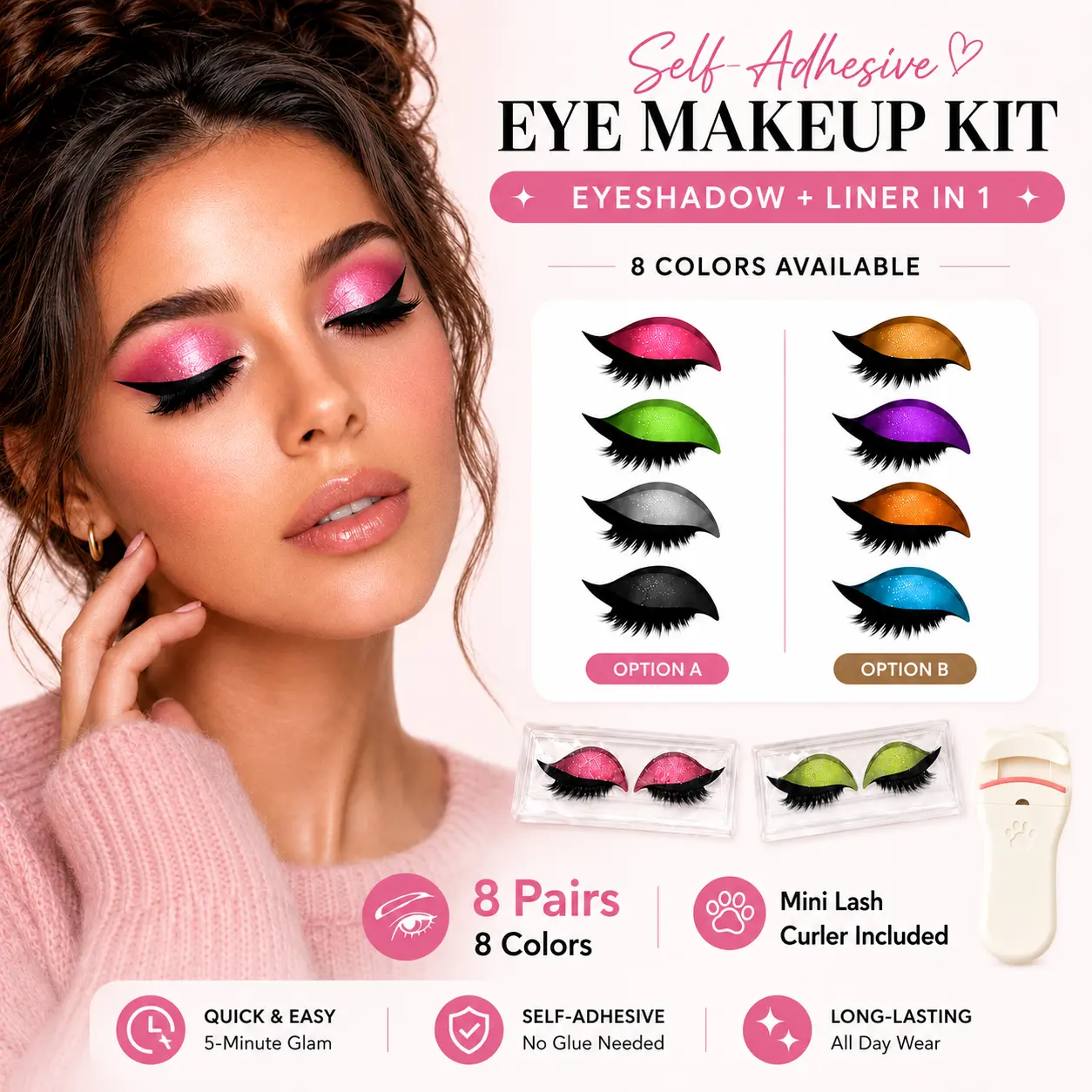 Women's Cosmetic Self-Adhesive Eye Makeup Set - Press On Eyeshadow, Spiked Lashes, Color Eyeliner, Eyebrow Stickers, Reusable Templates, Option A & B