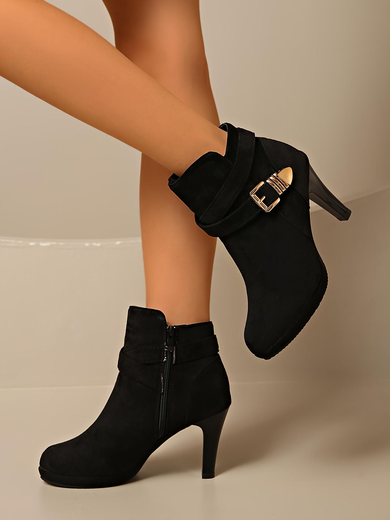 A Pair of Women's High Quality Platform Chunky Heel Side Zipper High-Heeled Ankle Booties, Women Shoes