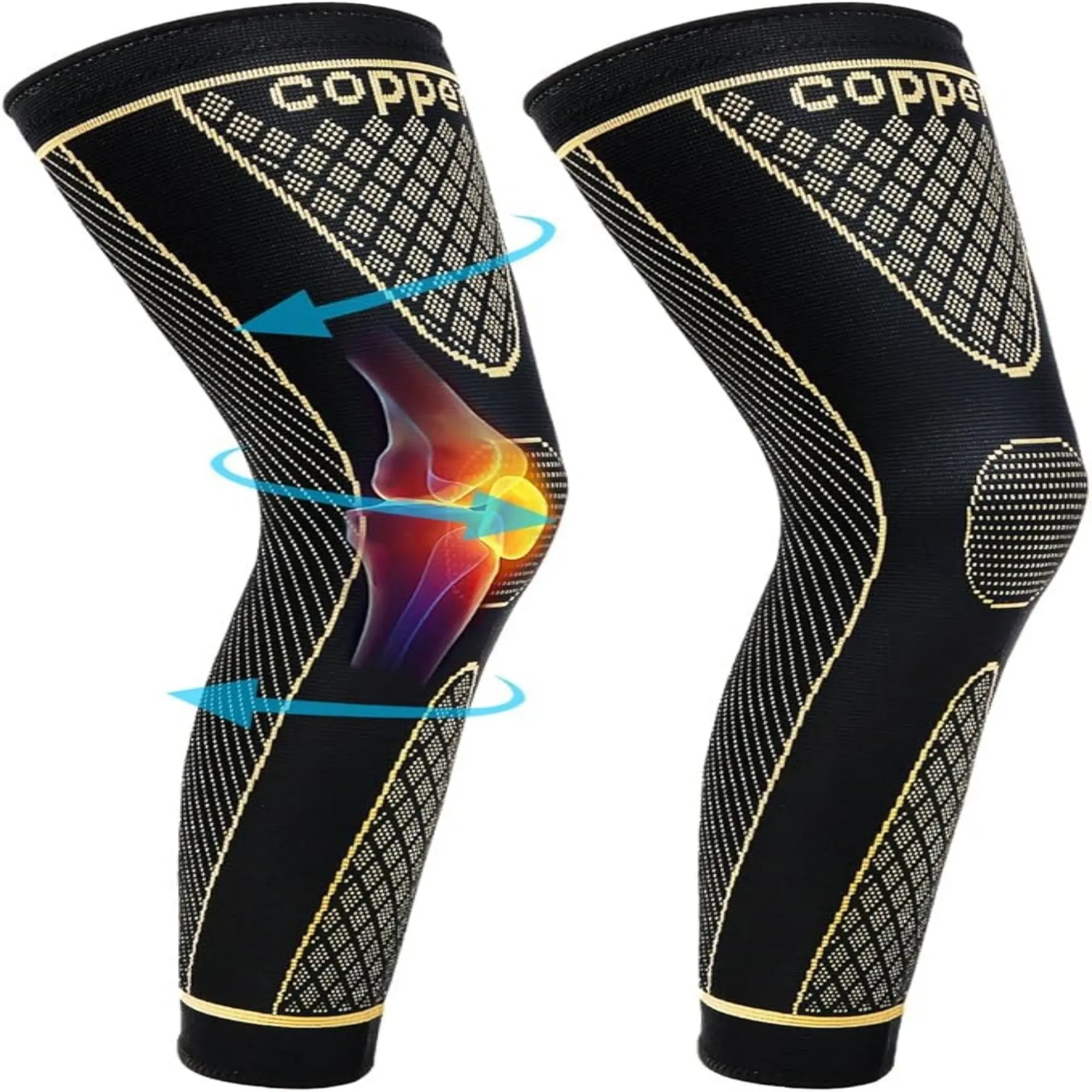 2-Pack  Copper Full Leg Sleeves Long Compression Leg Sleeve Knee Sleeves Protect Leg for Man Women Basketball, Arthritis Cycling Sport Football, Reduce Varicose Veins and Swelling of Legs