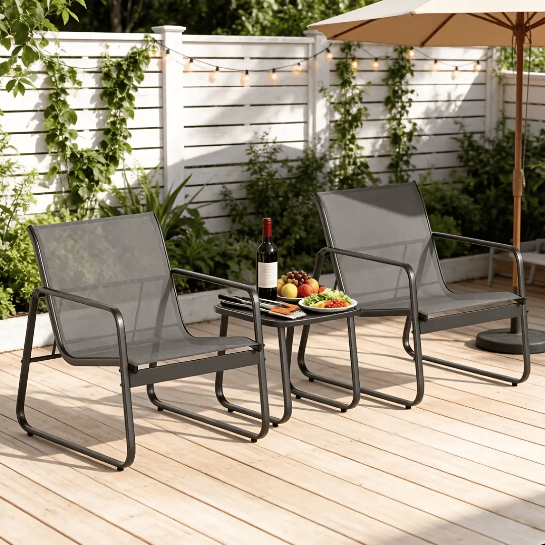 Patio Chairs Set of 3, Patio Furniture Set with Metal Frame Glass Table, Outdoor Chairs Set of 3 for Balcony, Bistro Table And Chairs Set for Lawn, (Black, Gray)