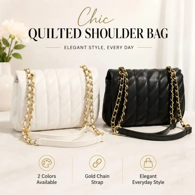 Women's Quilted Fashionable Flap Bag - Elegant PU Leather Compact Shoulder/Crossbody Handbag, Gold Chain Accent, 2 Colors (Black/White) Sports Shoe Accessory for Everyday Carry
