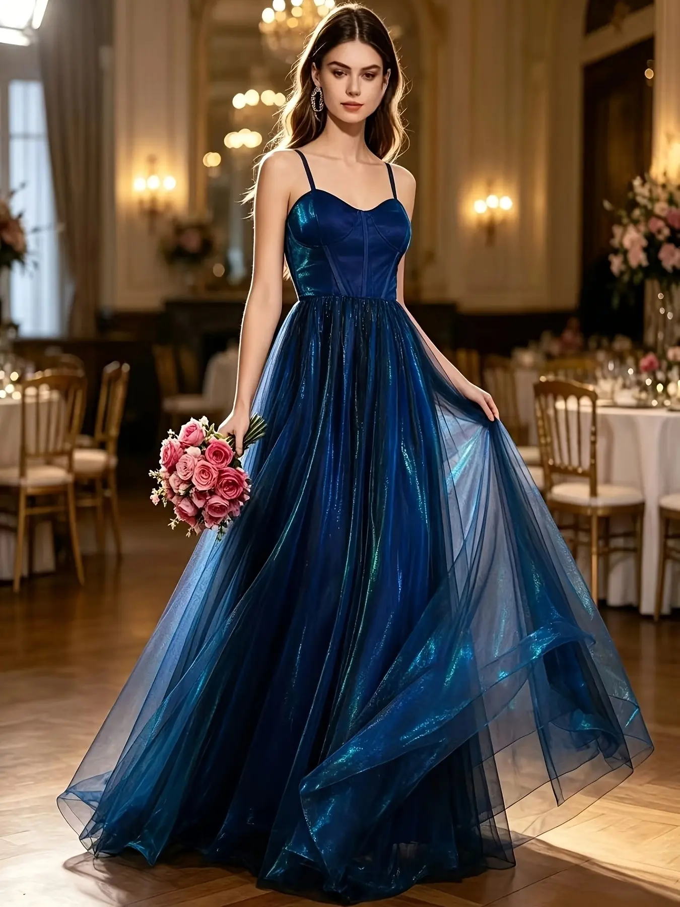 Elegant Long Mesh Laser Color-Changing Dress, Perfect for Special Occasions, Unique Design, High-Quality Material, Comfortable Fit