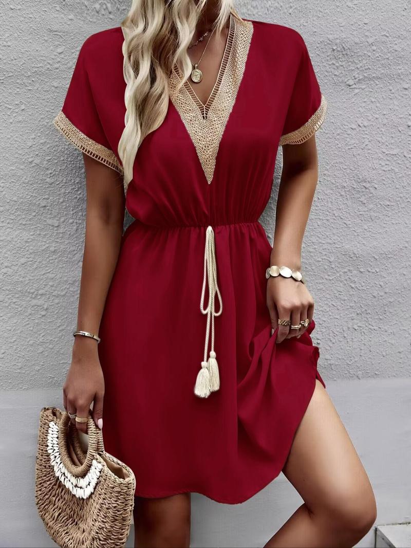 Women's Patchwork Tie Front Dress, Elegant Casual Chic Short Sleeve V Neck Dress for Summer, Fashion Women's Clothes for Daily Wear, Womenswear, Boho Clothes, Shortsleeve, Lady