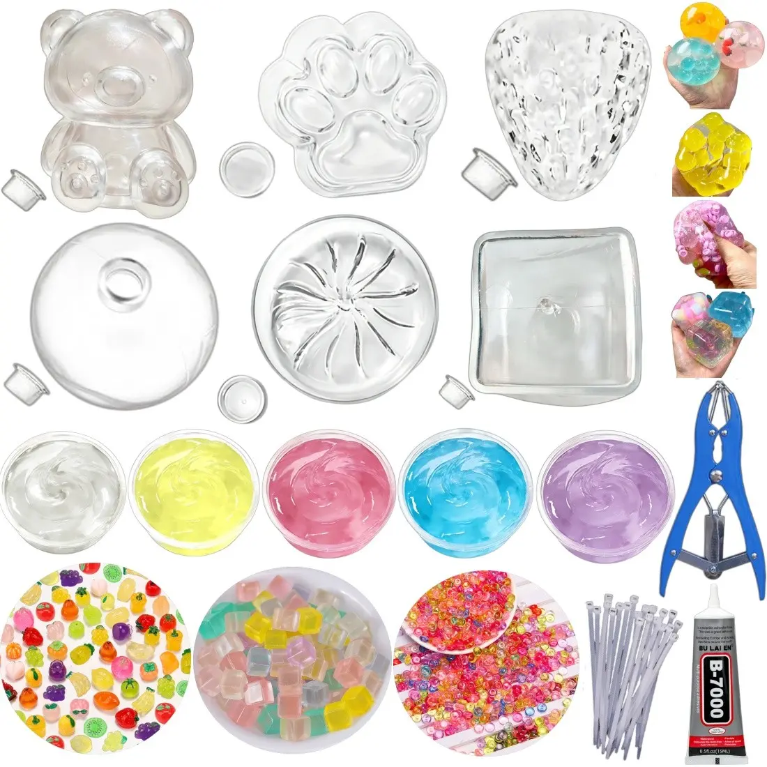 DIY spherical soft skin-making kit, with 5 boxes of slime, 3 packs of fillers, 6 transparent blank skins, 15ml glue and expansion tool. It can be used to knead pressure balls to make the kit. Suitable for adult stress-relieving soft balls.