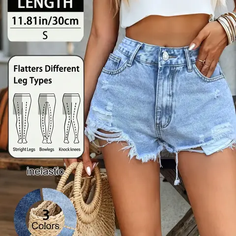 Women's Elegant Distressed Denim Shorts, Summer Fashion Streetwear, Casual Ripped Frayed Hem, High Waist Fitted Button Fly, A-Type Plain Design, High Waist Jorts