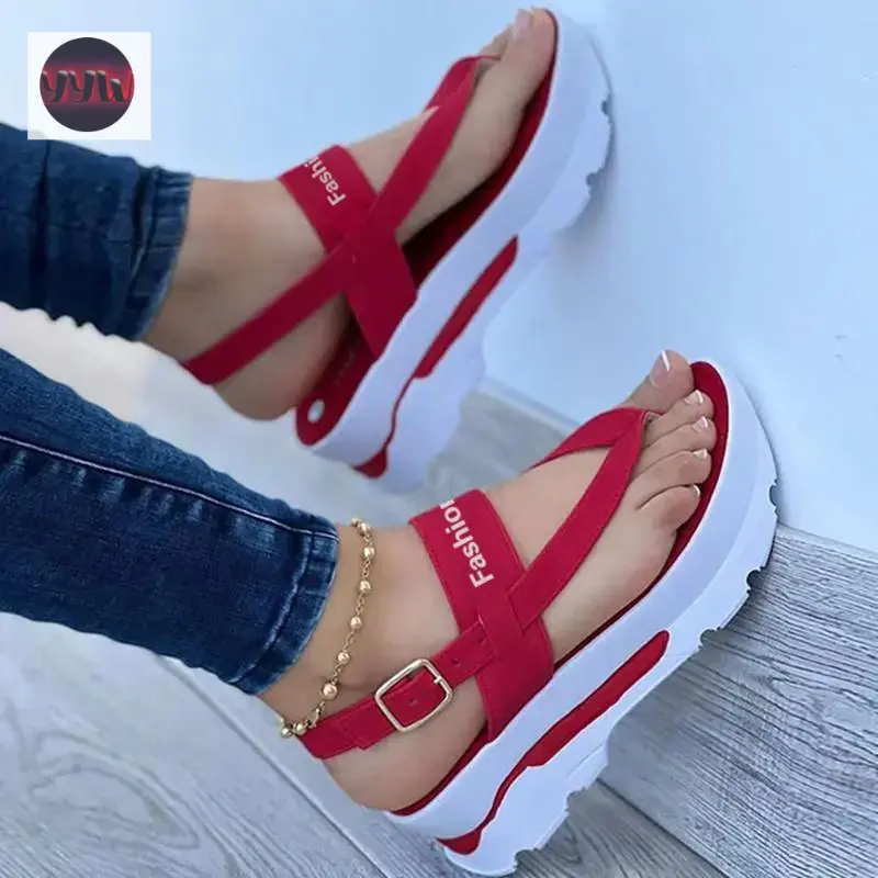 YYW1 Women's Synthetic Open-Toe Platform Thong Sandals, Solid Color Letter Strap Slingback Casual Outdoor Designer Footwear (Red)