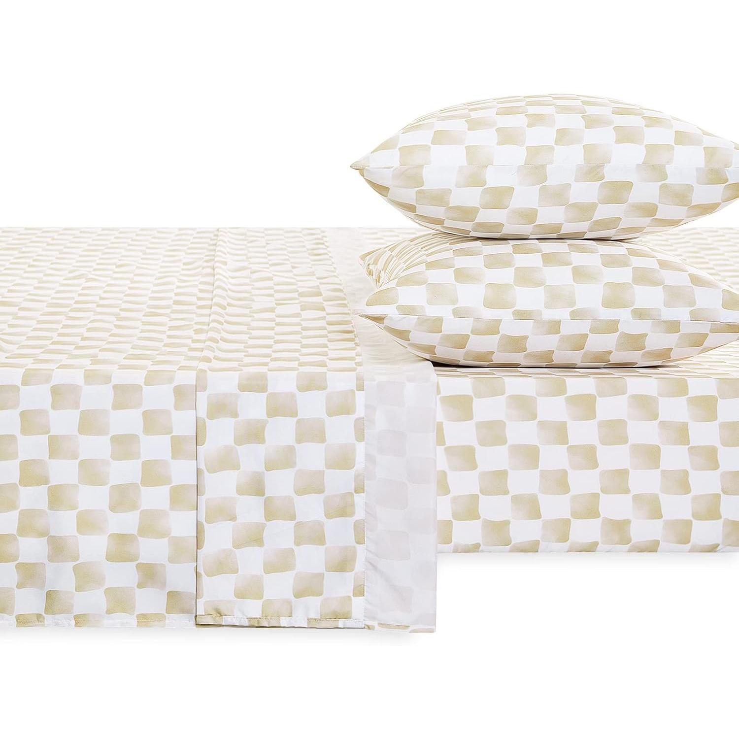 - Ggham Sheet Set, 4- Sheet Set, Checkered Grid Plaid Checkerboard Geometric Preppy Hand Drawn  Prted Beddg, Deep Pocket, Beige White,  Size