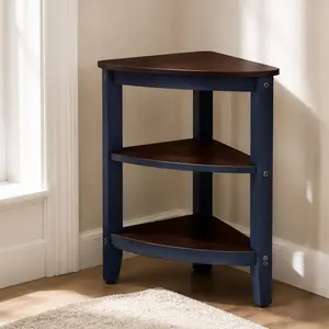 ARCH Small Triangle Corner Table 33.8 inch Wood End Side Table for Living Room, 3 Tier Storage Shelf with Solid Wood Legs, Space Saving Furniture for Small Spaces, Navy Blue and Espresso Top, Navy Blue Color Options, Rubber Wood Material