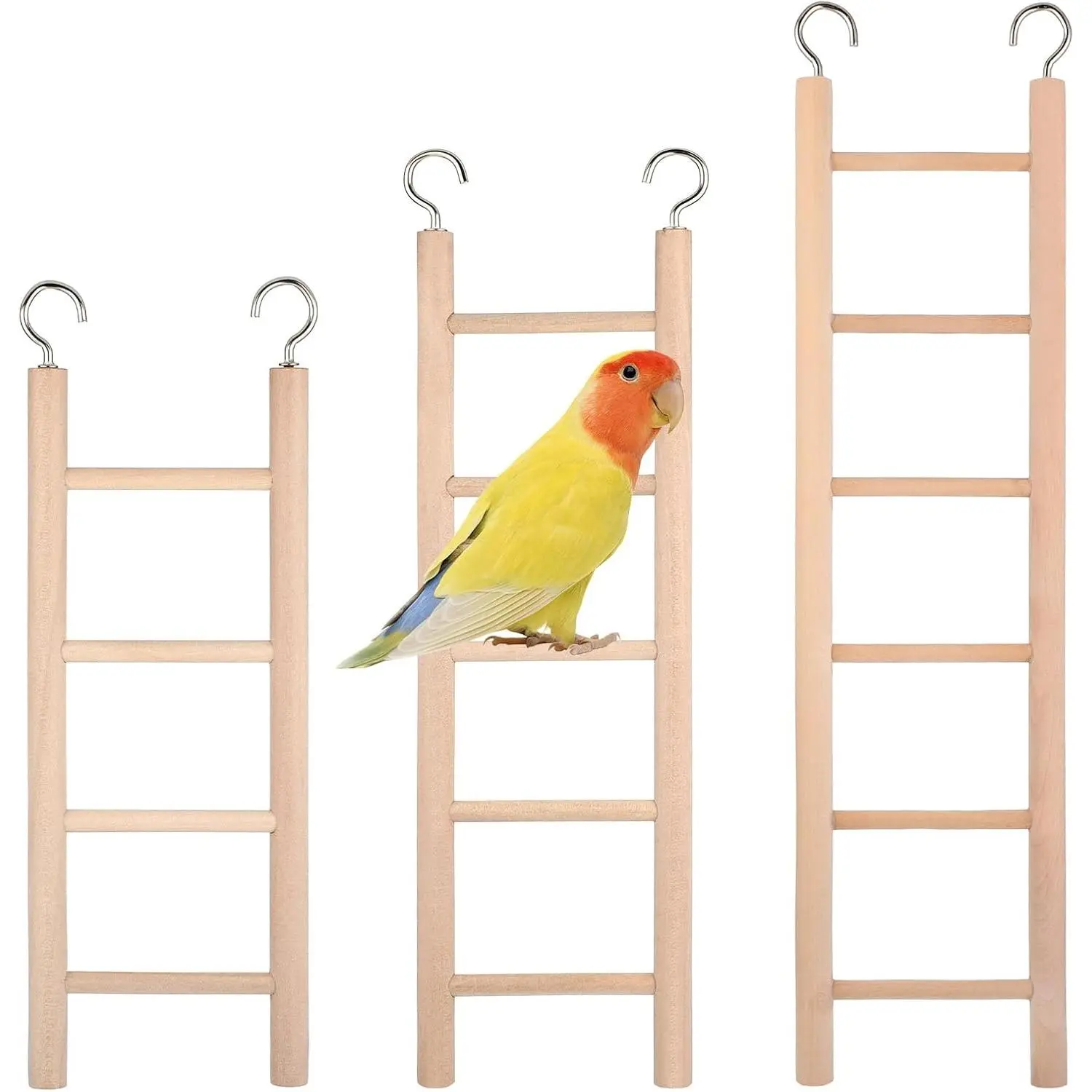 3 PCS Wooden Hanging Bird Cage Ladder, Climbing Wood Step Ladders for Birds Parakeets Parrots Cockatoo Lovebirds, Includes 4 Step, 5 Step & 6 Step Options