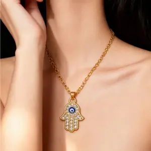 1Pcs Evil Eye Necklace With Rhinestone Encrusted Hamsa Hand Pendant Gold Plated Minimalist Symbolic Jewelry For Women Bohemian Elegant Layering Chain Gift For Valentine Mother Friend Protection  lulu seek necklace