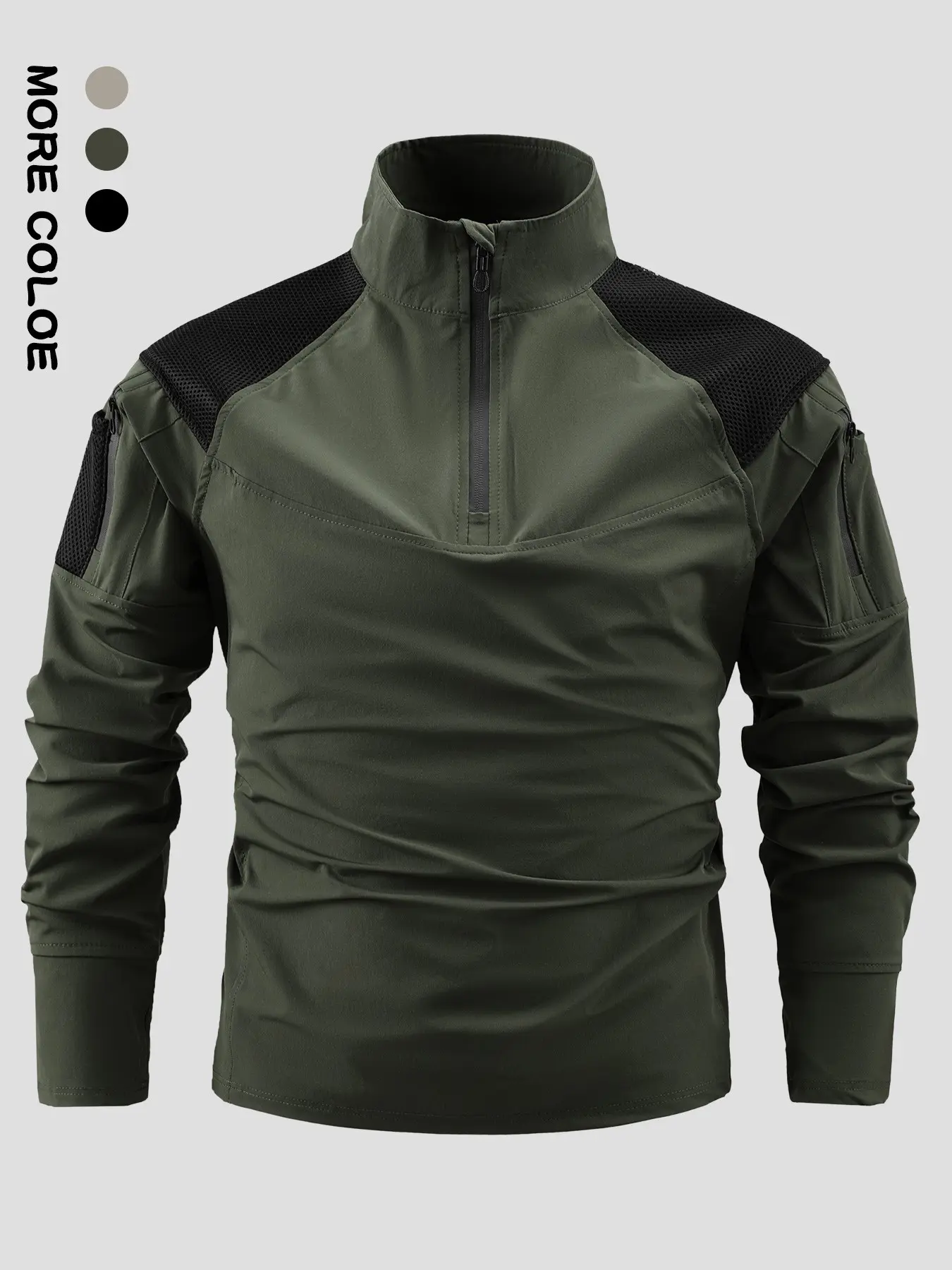 Men's Tactical Outdoor Long Sleeve T-Shirt, Stand Collar Multi-Pocket, Breathable, Durable, Quick-Dry, Elastic, Suitable for Fall Winter